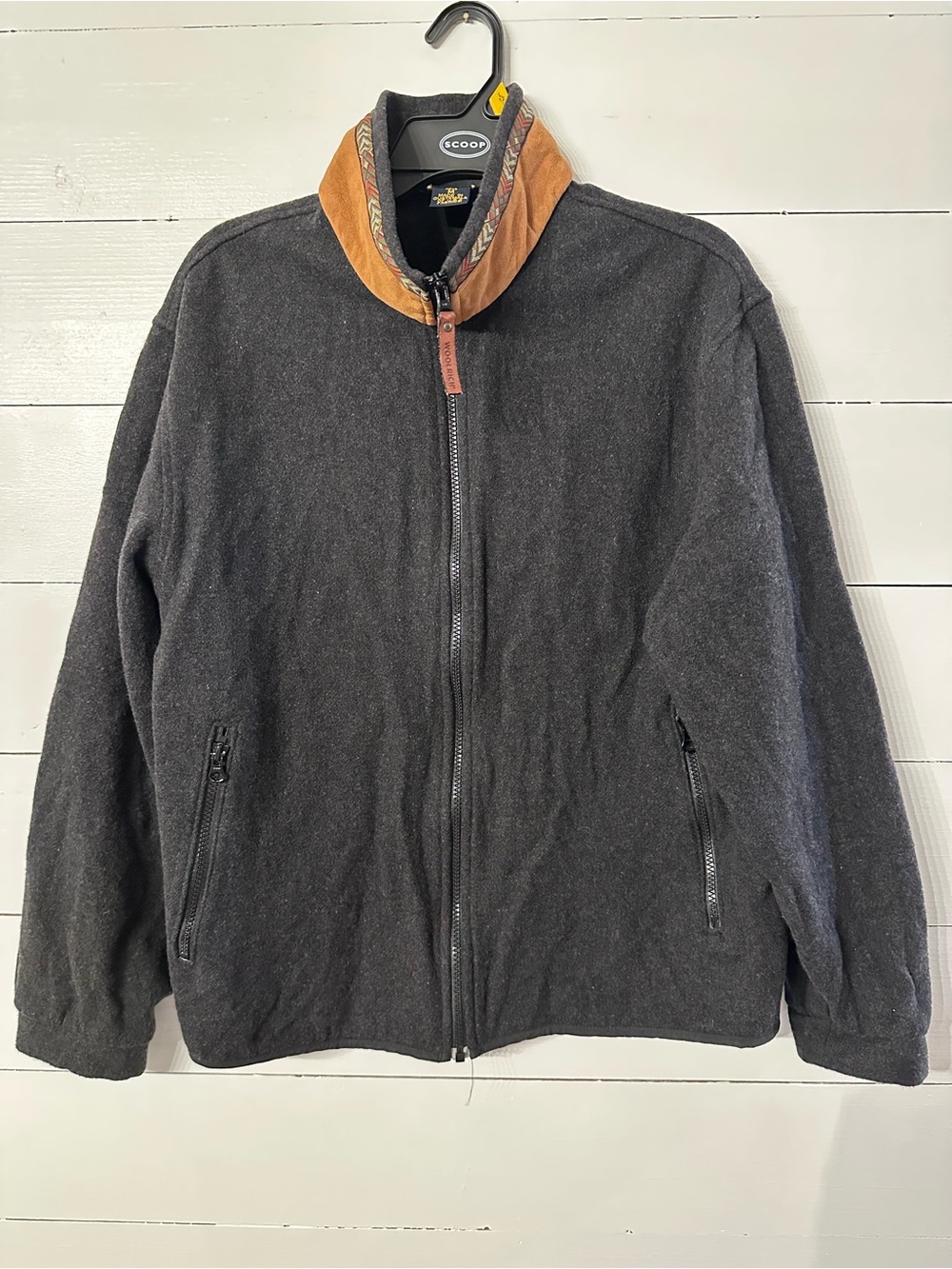 Woolrich Men's Charcoal Wool Bomber Jacket with Tan Collar
